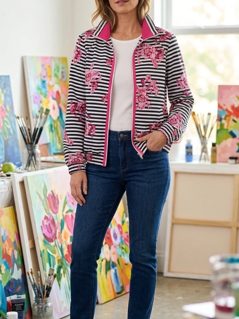 Chico's Pink Floral Striped Zip Jacket